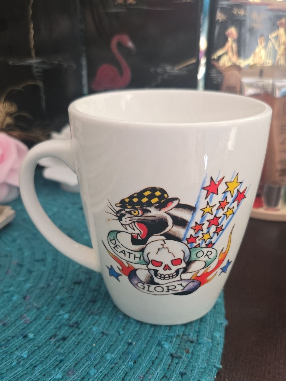 Ed Hardy White Mug with Tattoo Panther, Skull & Starburst Artwork